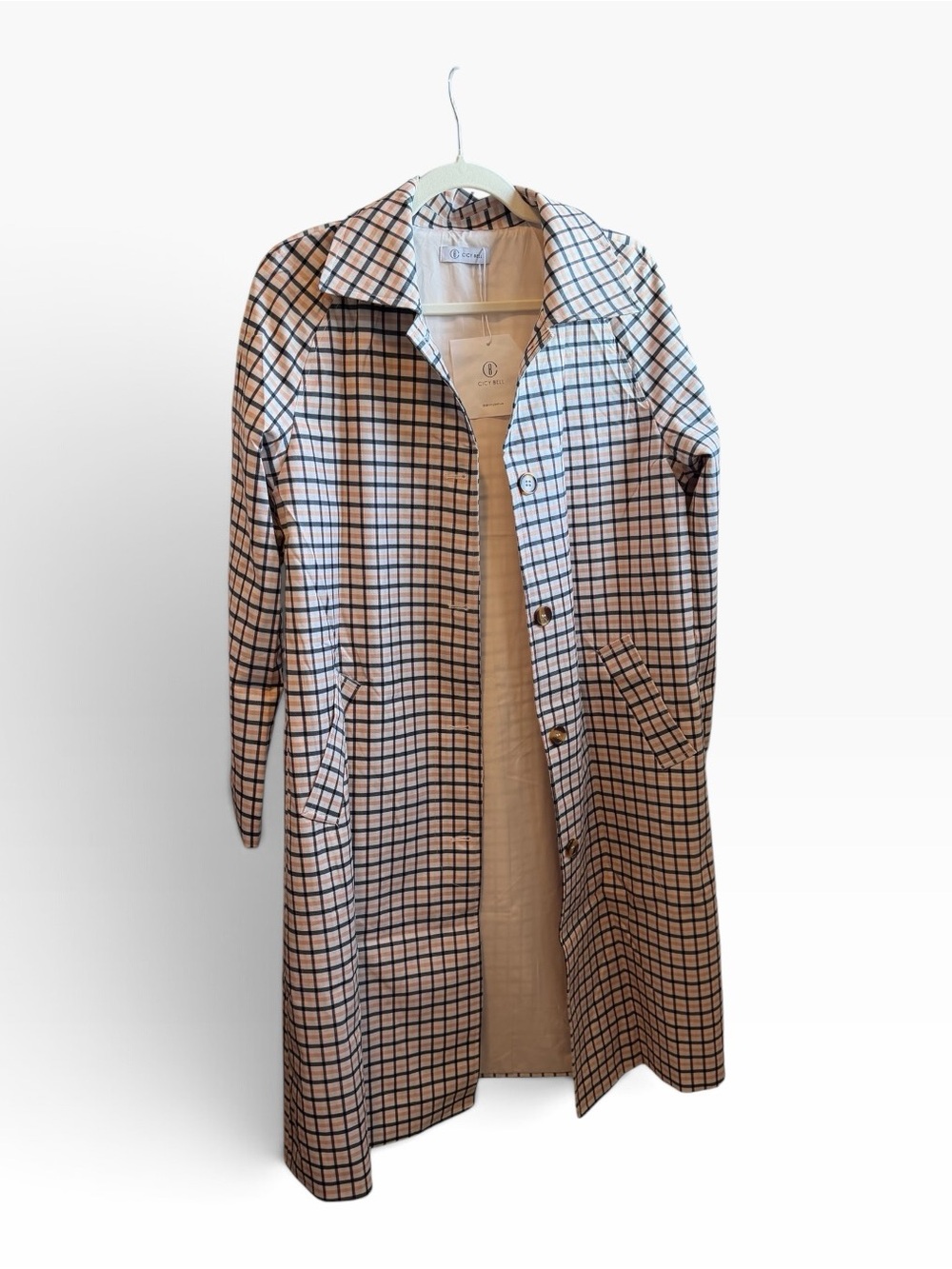 Checked Long Trench Coat - Beige & Navy - (Brand: )